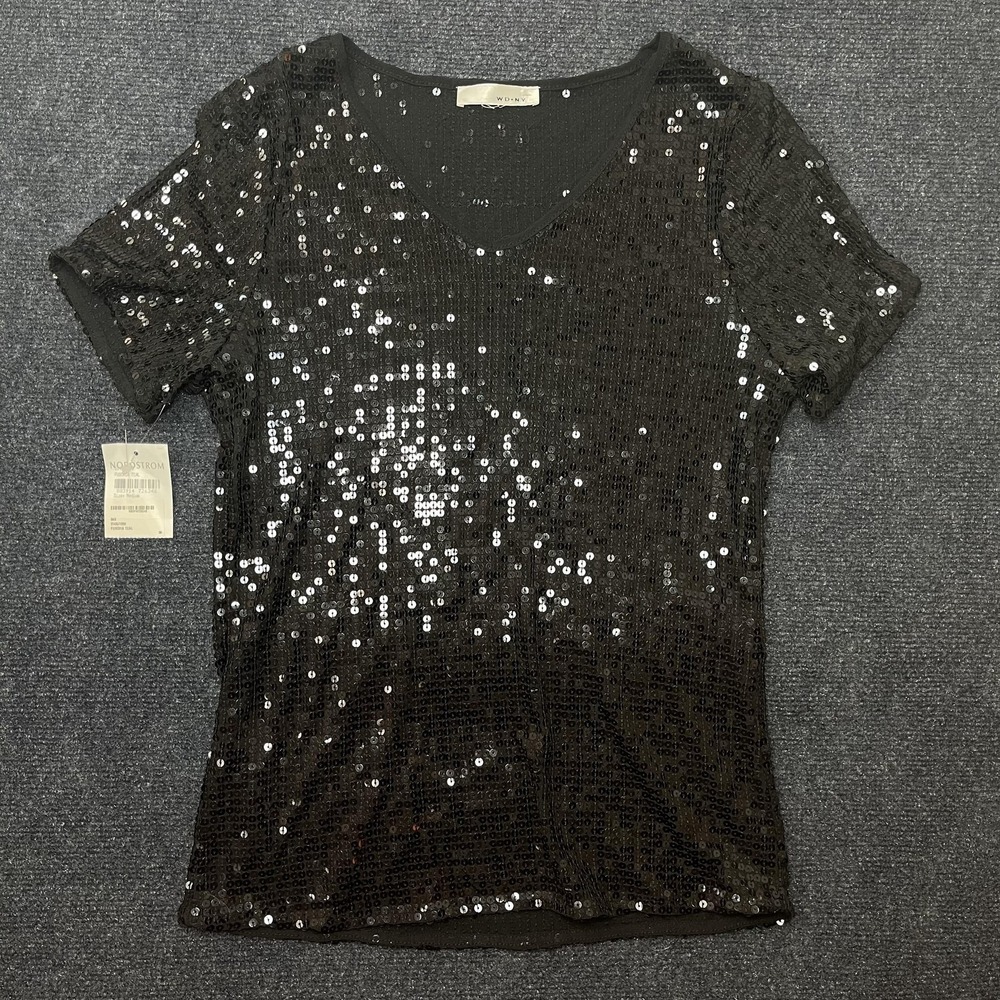 WD.NY Shirt Womens Medium Black Sequin V Neck Short Sleeve Mesh Tee T-Shirt